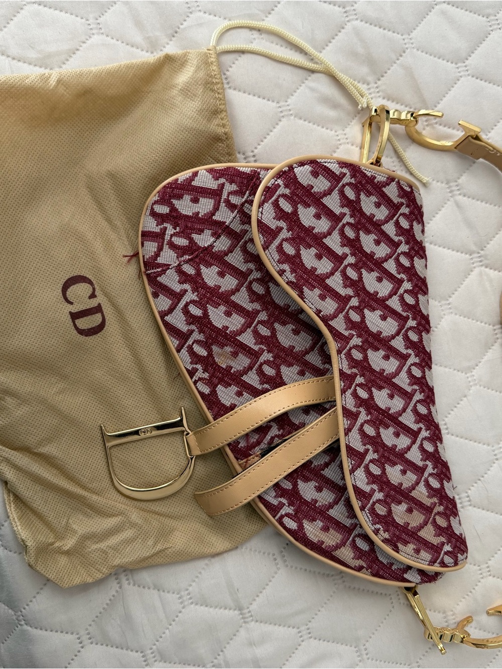 Dior Burgundy and White Saddle Bag with Gold Hardware - Picture 4 of 5